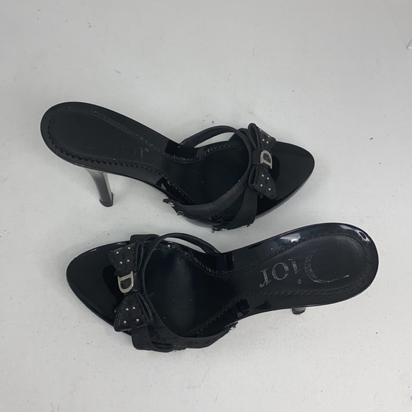 Dior Sz 37 Black Logo High Heel Sandals Bow Studs - Picture 3 of 16